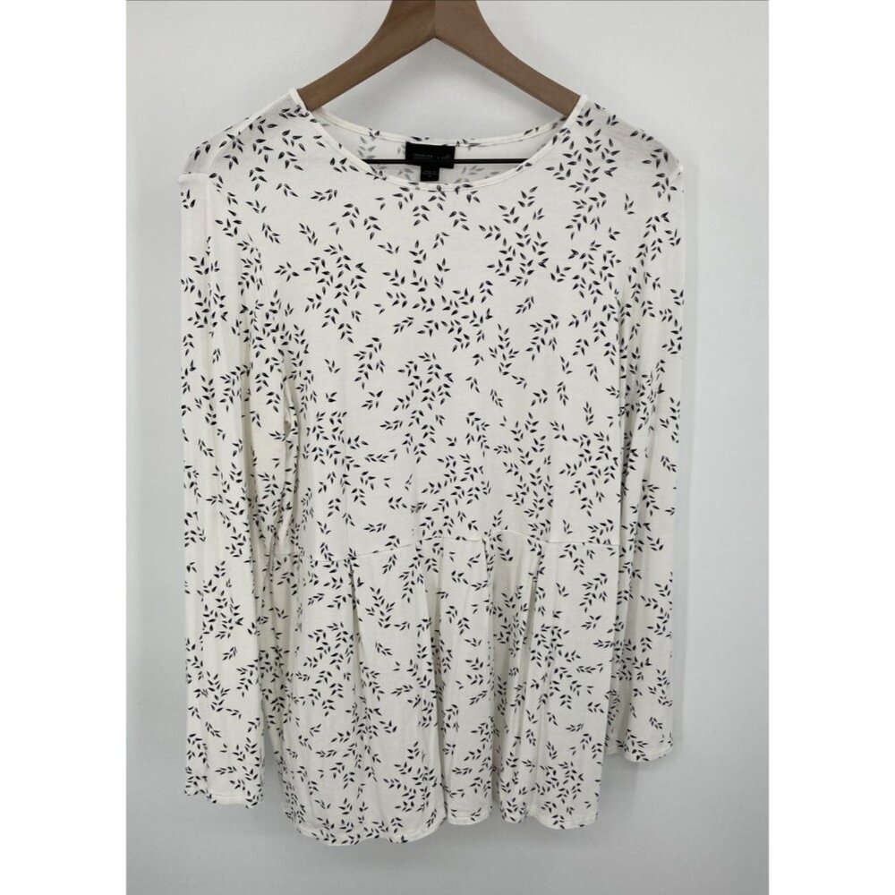 J Jill Luxurious Wearever Top Women Med Cream Allover Leaves Long Sleeve Peplum